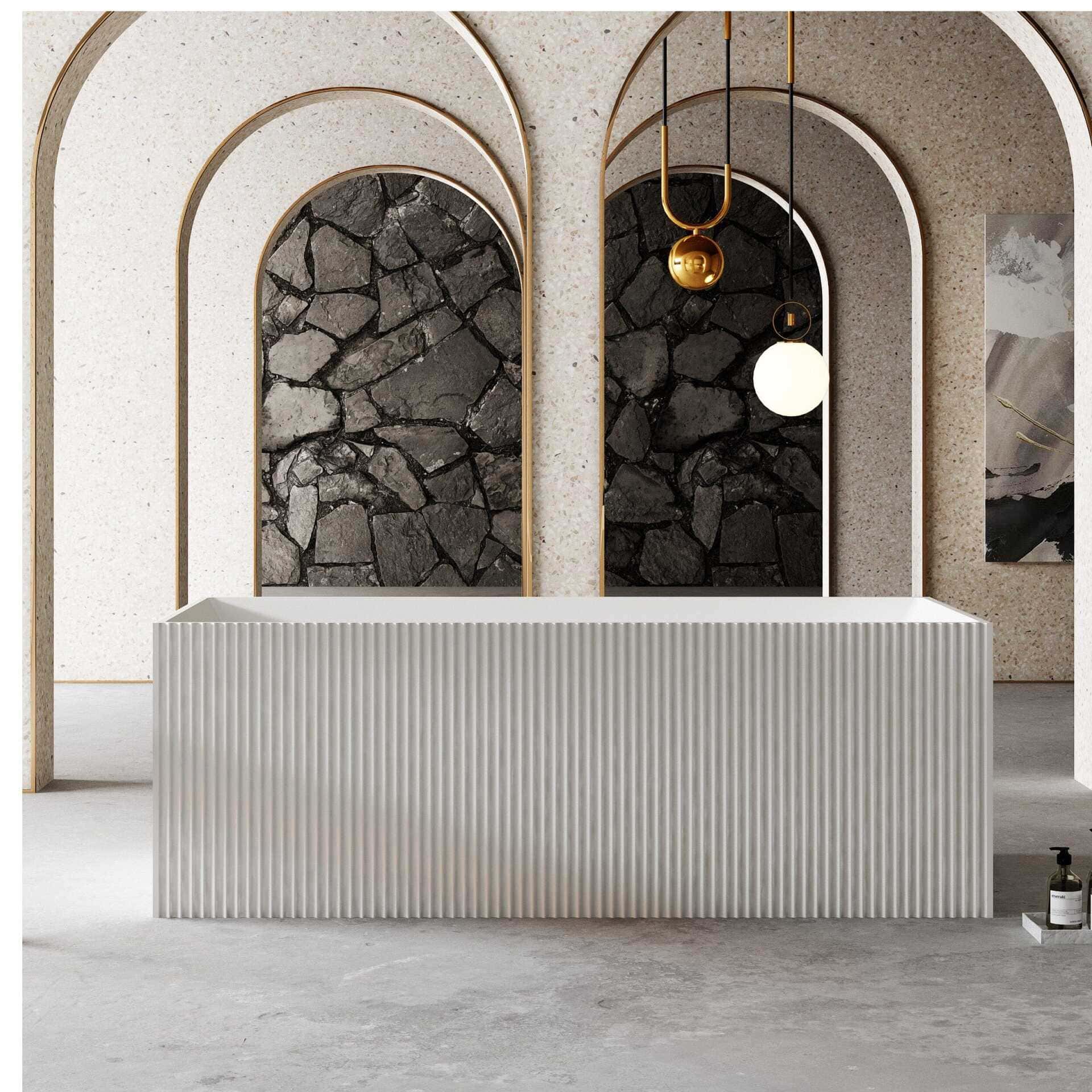 Clearance - KYLA 1500mm V-Groove Fluted Square Back To Wall Freestanding Bathtub Matte White - Image 3