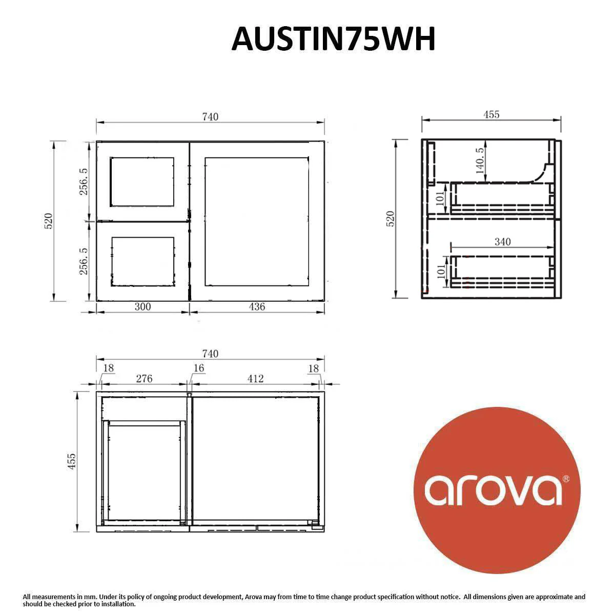 Clearance - AUSTIN 750mm Wall Hung Bathroom Vanity Left Hand Side - Image 9