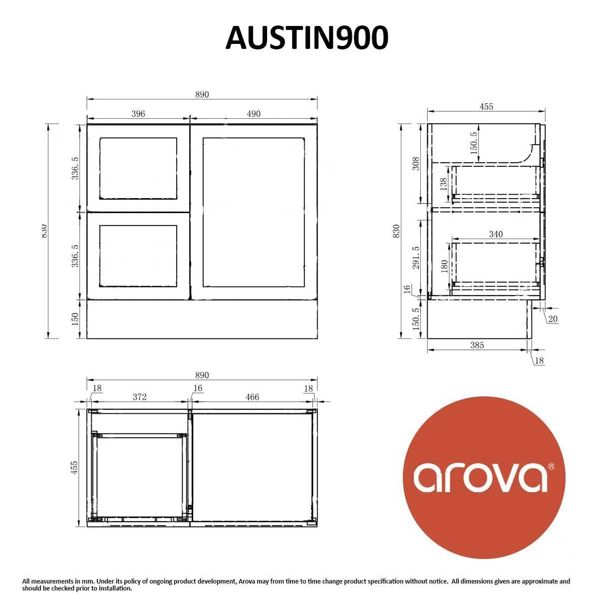 Clearance - AUSTIN 900mm Floor Standing Bathroom Vanity Left Hand Side - Image 6