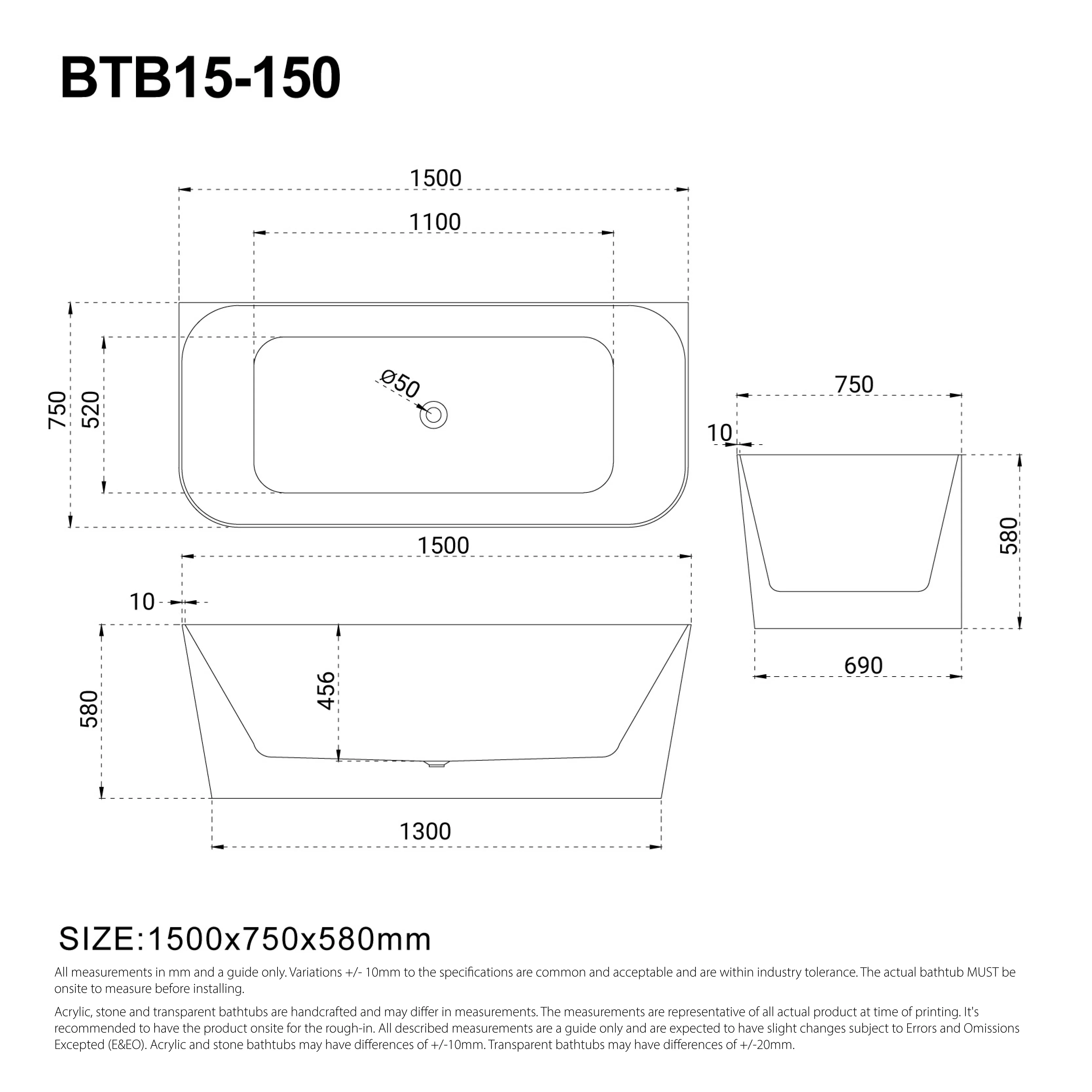 CLIO 1500mm Back to Wall Free Standing Bath Matte White - Image 3