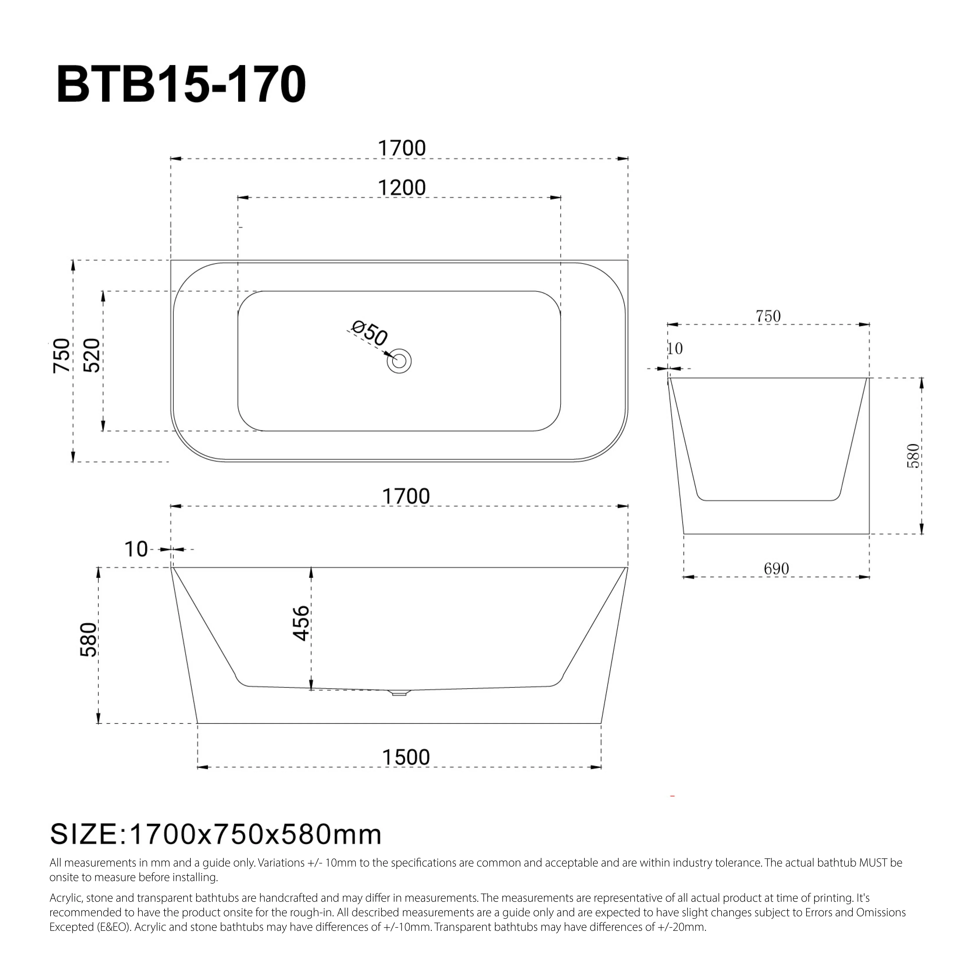 CLIO 1700mm Back to Wall Free Standing Bath Gloss White - Image 4
