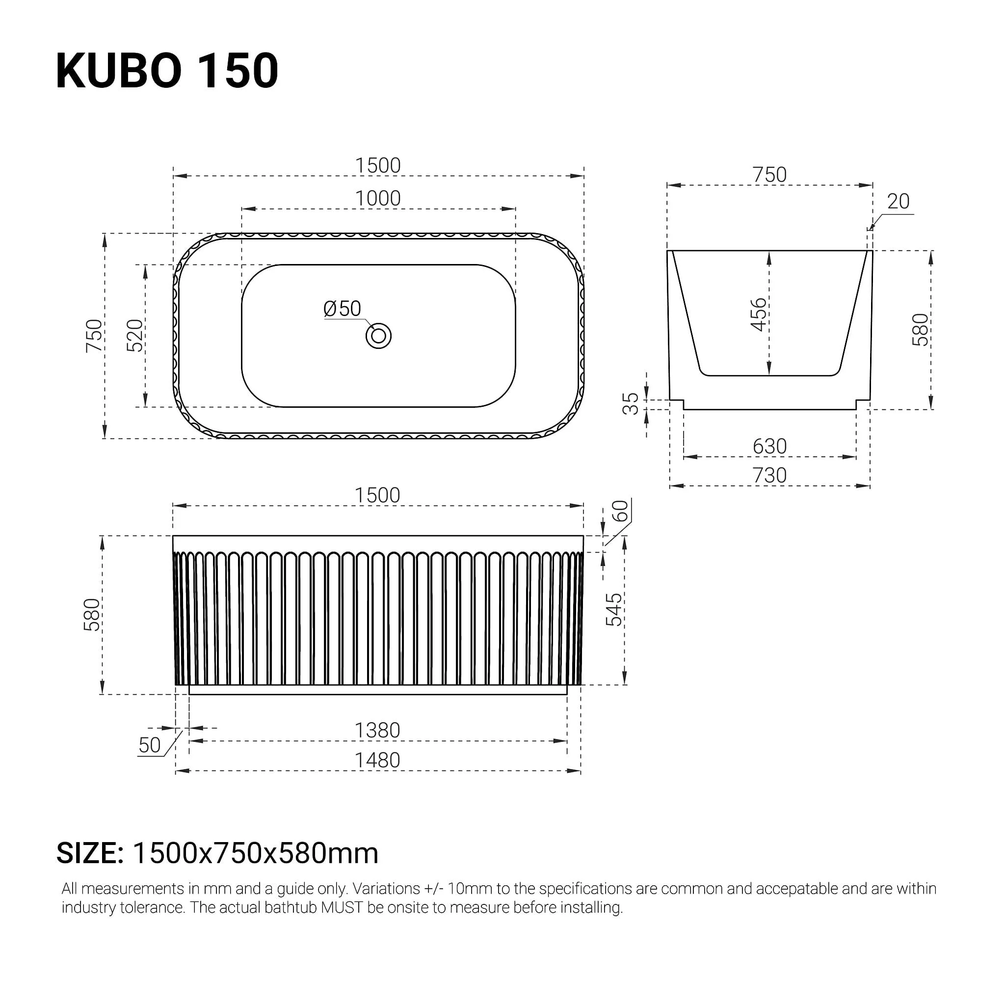 Clearance - KUBO 1500mm Fluted Freestanding Bathtub Matte White - Image 5