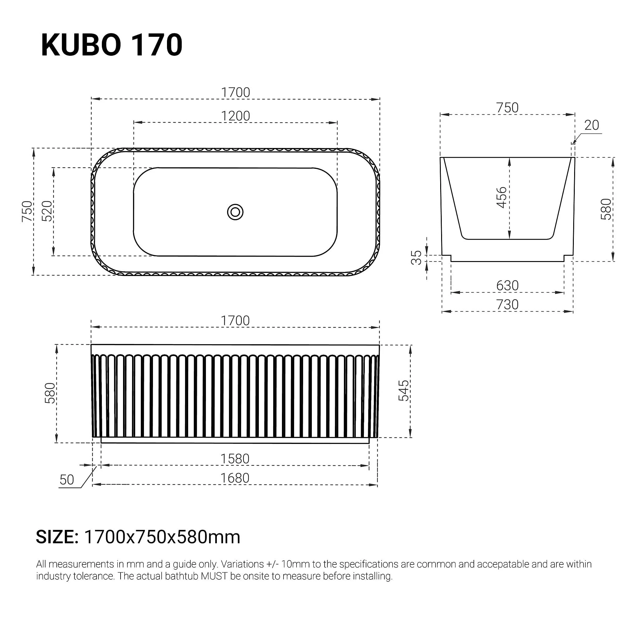 Clearance - KUBO 1700mm Fluted Freestanding Bathtub Matte White - Image 5