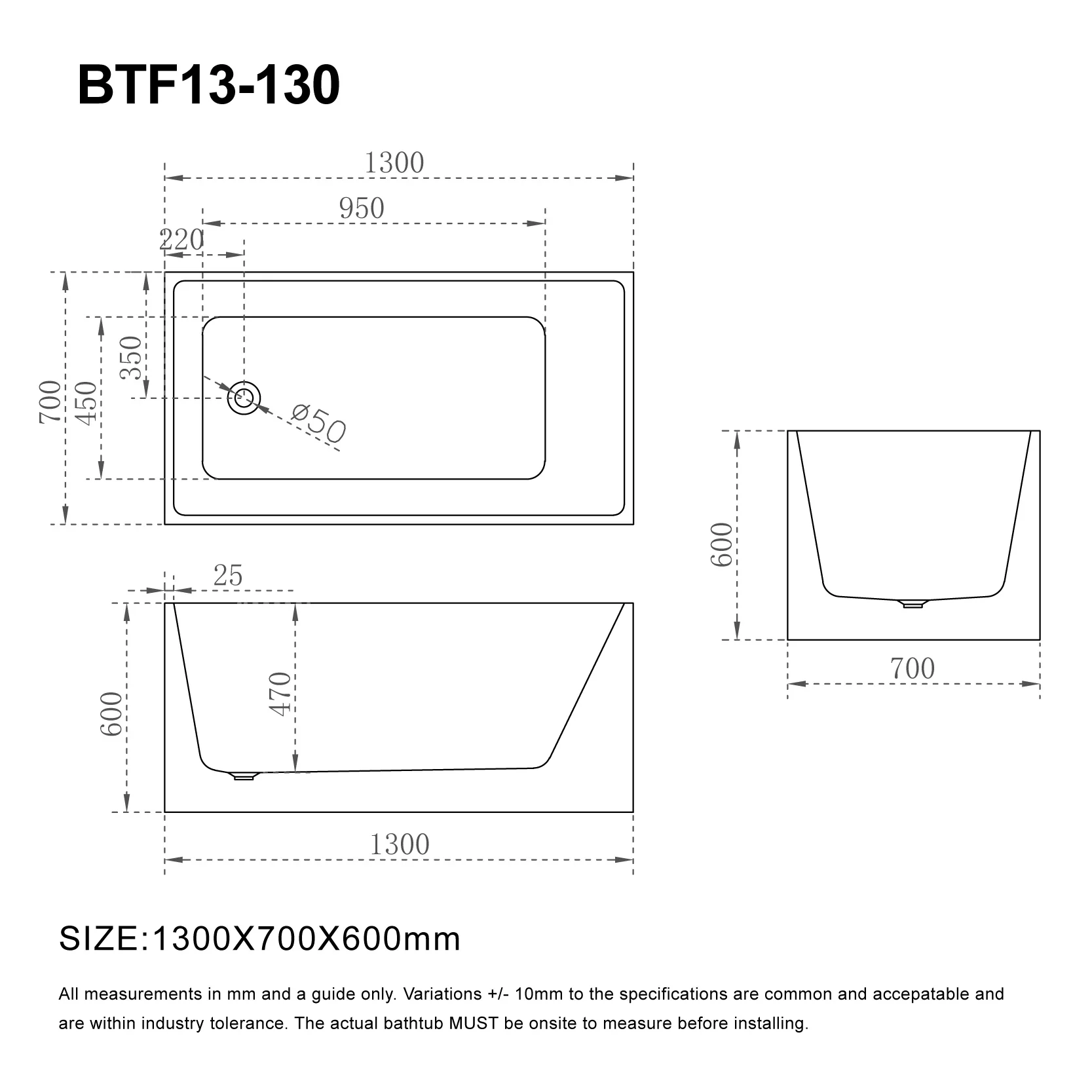 LEX 1300mm Small Square Freestanding Bath Gloss White - Image 4