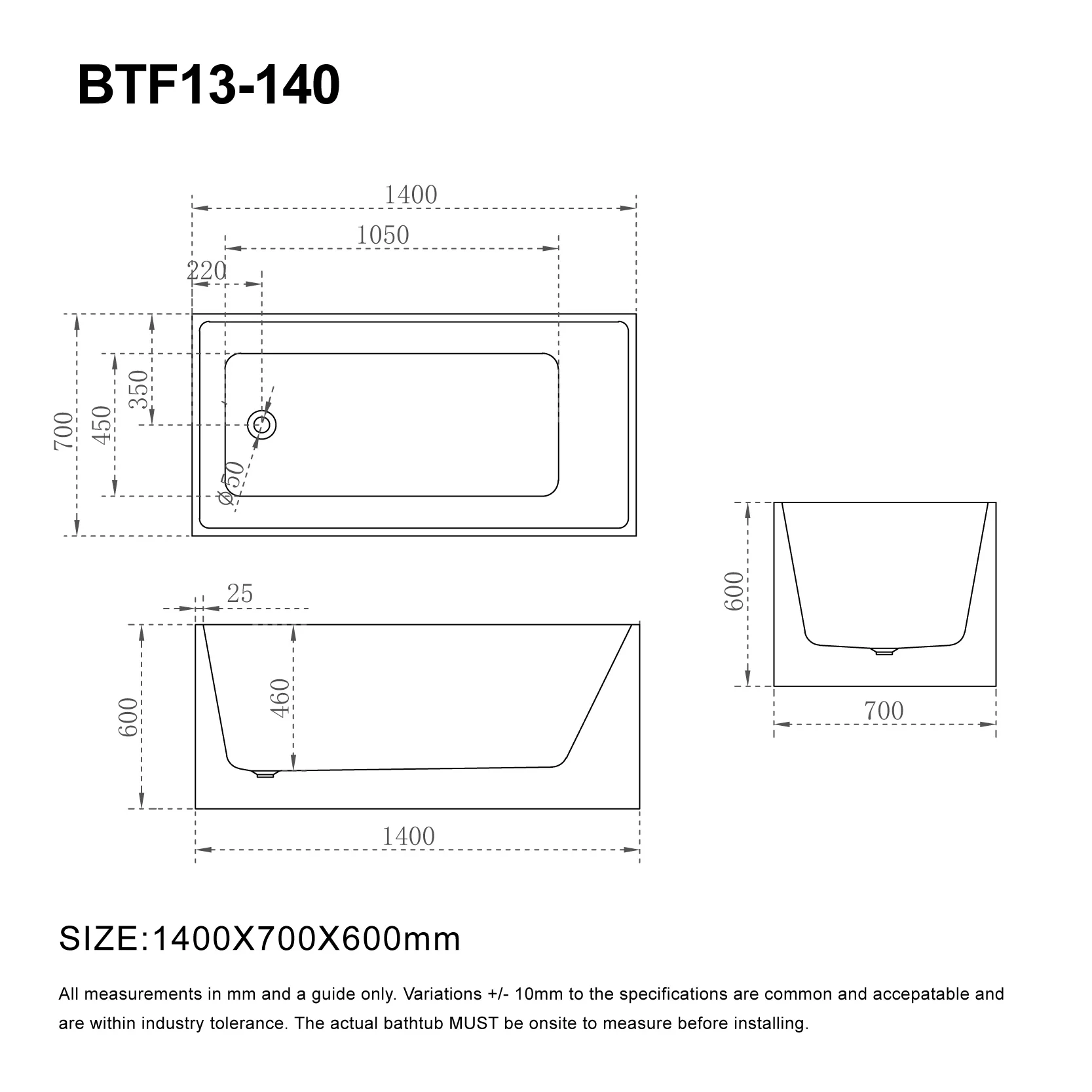 LEX 1400mm Square Freestanding Bath Gloss White - Image 4