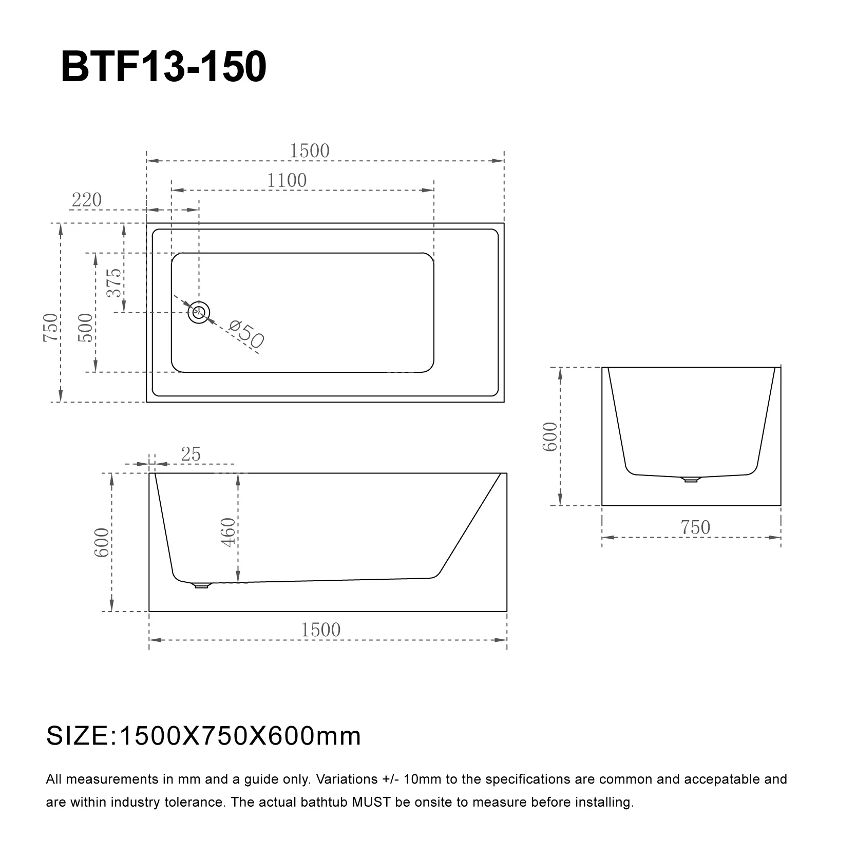 LEX 1500mm Square Freestanding Bath Gloss White - Image 4