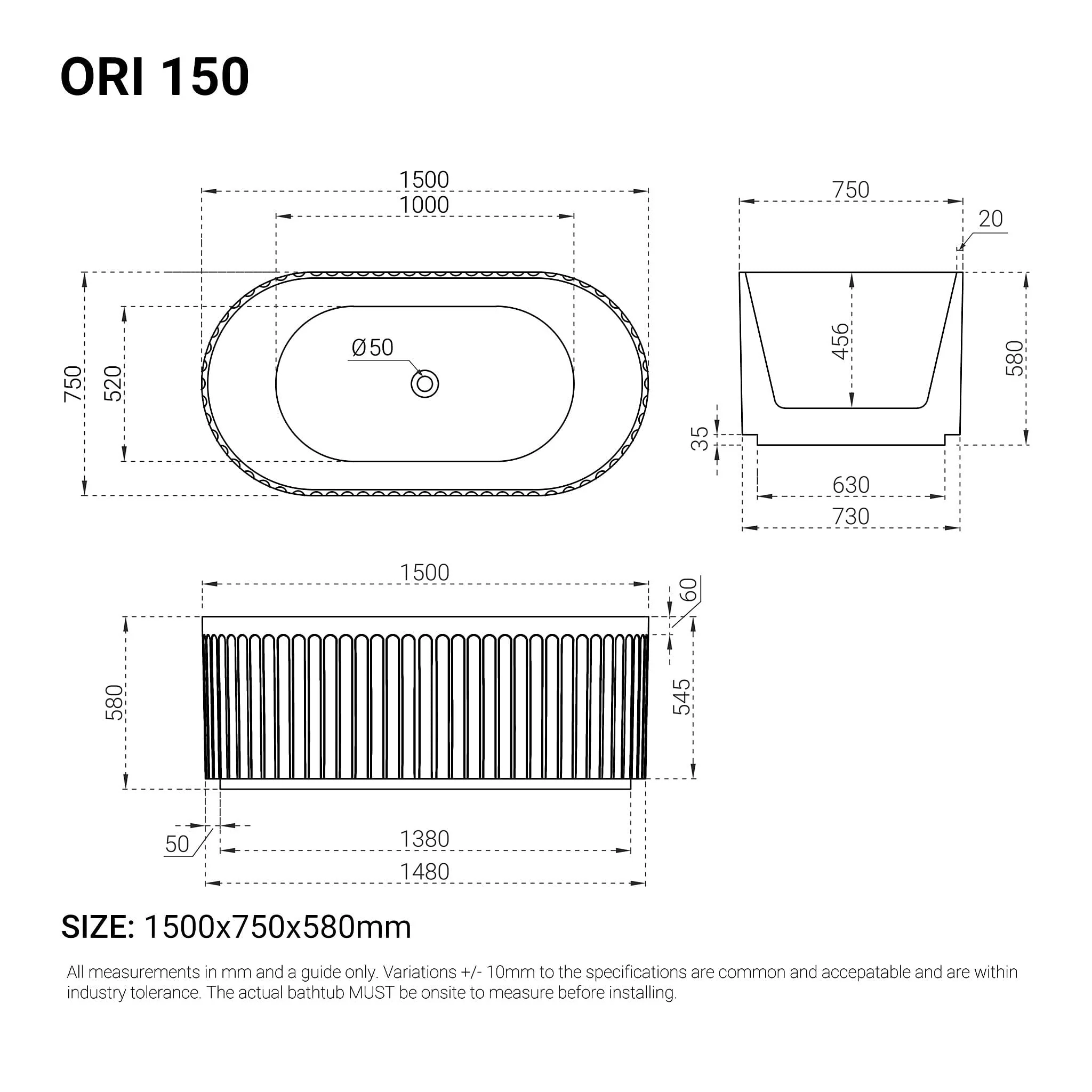 ORI 1500mm V Groove Fluted Freestanding Bathtub Gloss White - Image 6