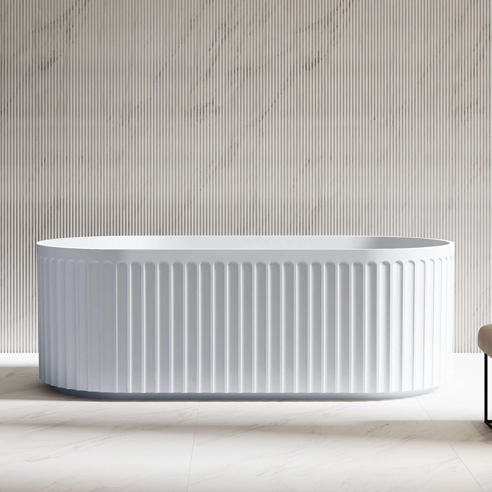 ORI 1700mm V Groove Fluted Freestanding Bathtub  Gloss White - Image 4