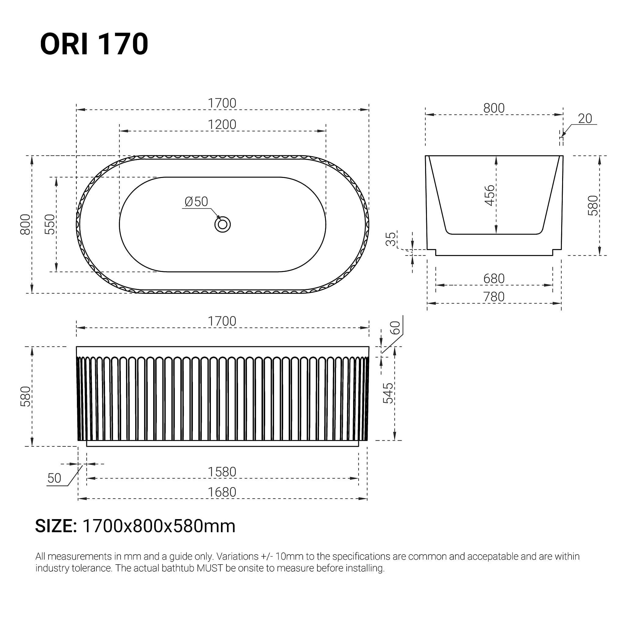 ORI 1700mm V Groove Fluted Freestanding Bathtub  Gloss White - Image 6