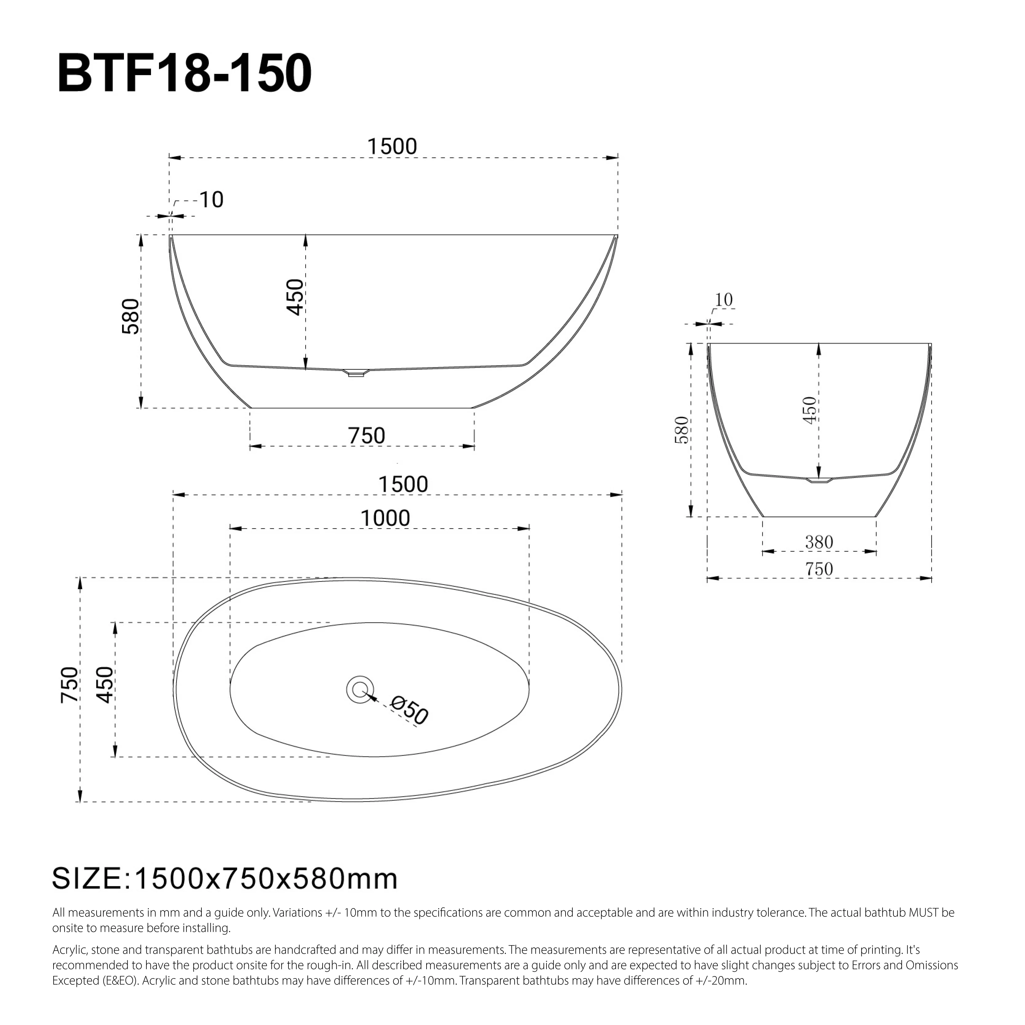 Clearance - RUBI 1500mm Egg Shape Oval Freestanding Bath Black/White - Image 4
