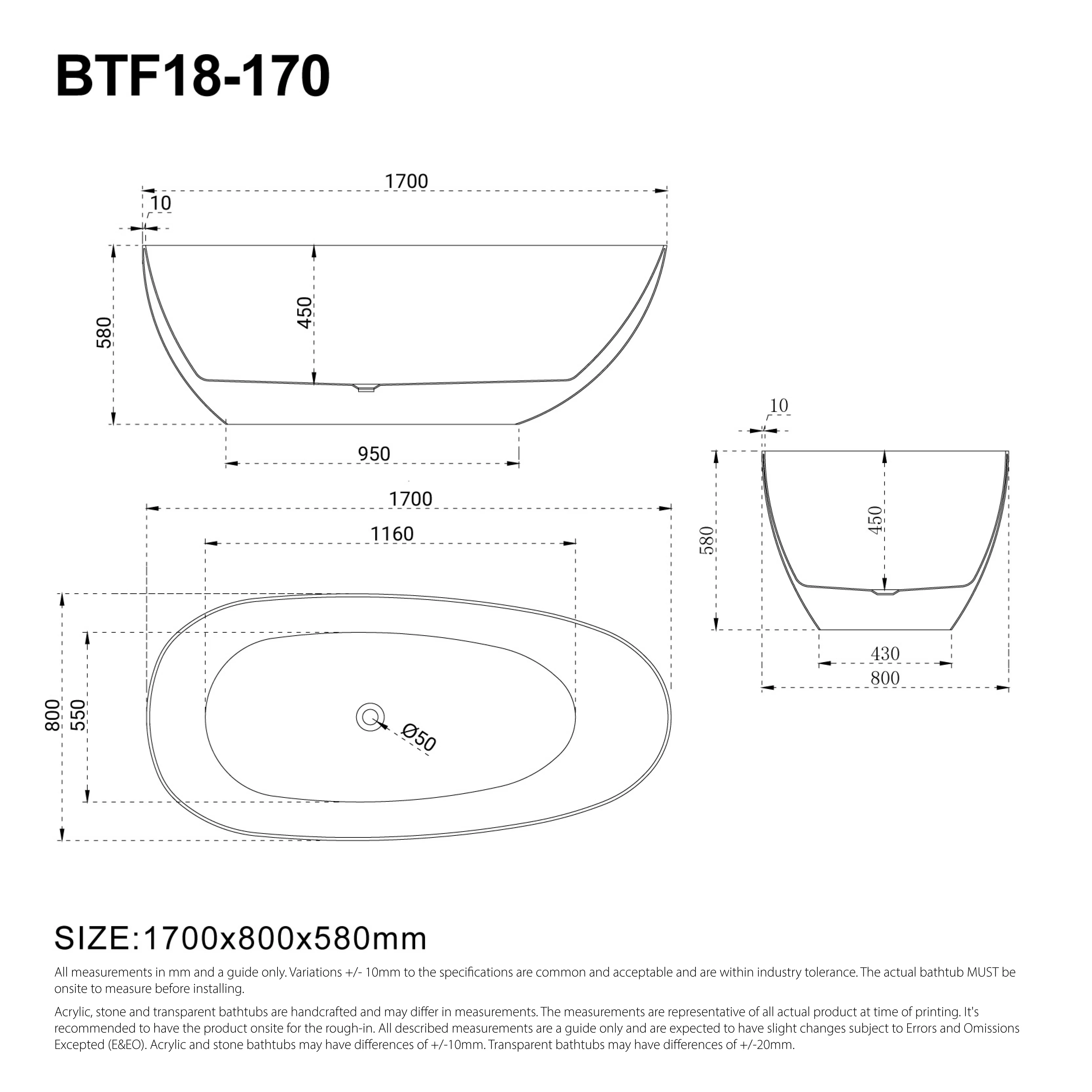 Clearance - RUBI 1700mm Egg Shape Oval Freestanding Bath Black/White - Image 4